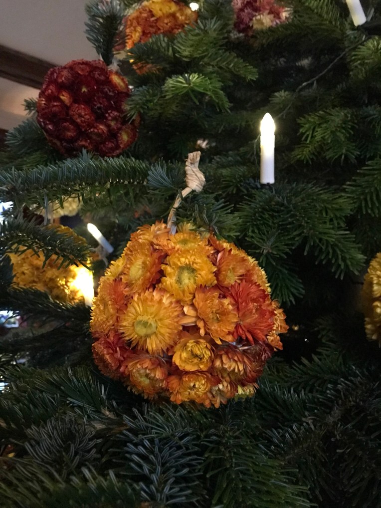 Helichrysum flower globe on a Christmas Tree at Baddesley Clinton 
